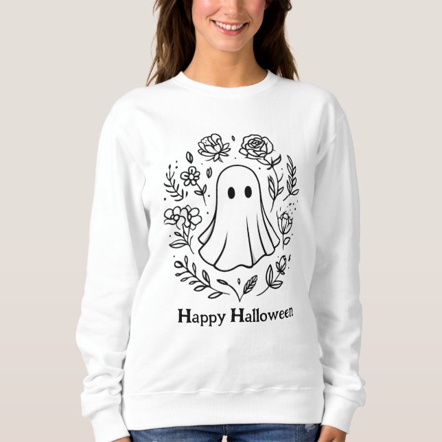 Cute Blommigt Ghost Black and White Happy hallowee T Shirt (Framsida)