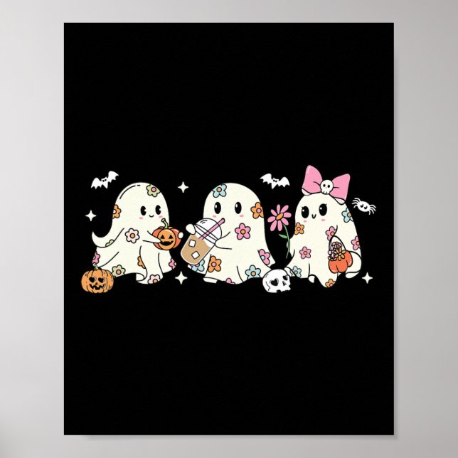 Cute Blommigt Ghost Drinking Coffee Halloween Ghos Poster (Framsidan)