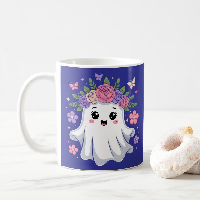 Cute Blommigt Ghost Kawaii Halloween Ghost Kaffemugg (Med munk)