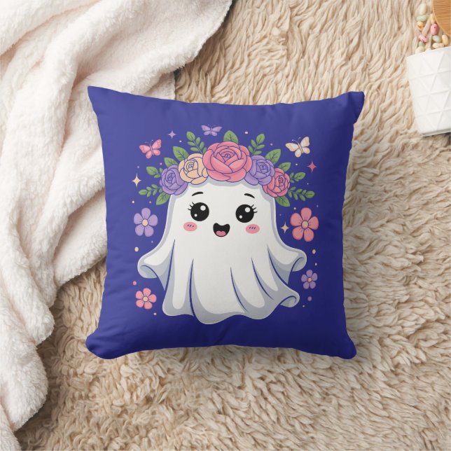 Cute Blommigt Ghost Kawaii Halloween Ghost Kudde (Filt)