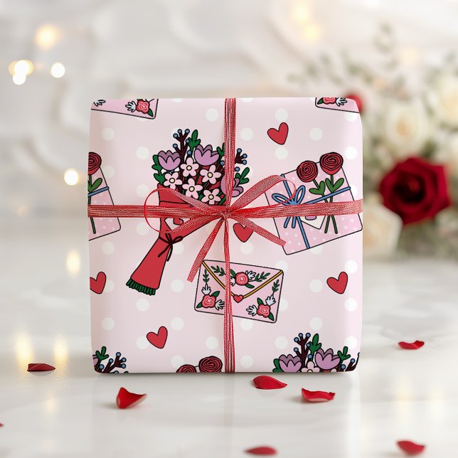 Cute Blommigt Gift Heart Valentines day Presentpapper (cute pink polda dot valentine day gift wrap featuring bouquet, letter, vinyl record player and gift.)