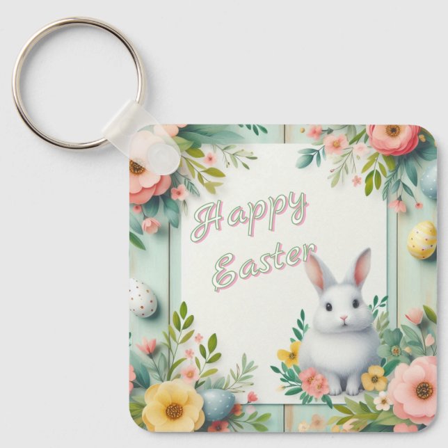 Cute, blommigt glad påsk bunny nyckelring (Framsida)