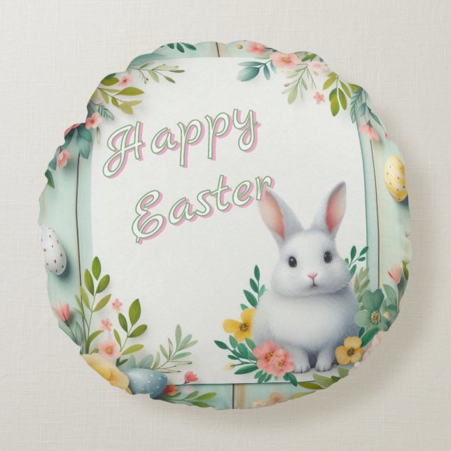 Cute, blommigt glad påsk bunny rund kudde (Framsidan)