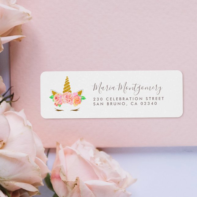 Cute Blommigt Guld Glitter Unicorn & Script Namn Returadress Etikett (Return Address Label Mock-up)