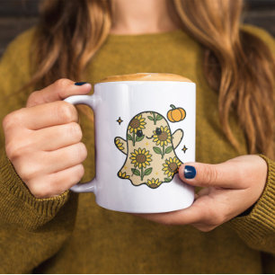 Cute Blommigt Halloween Ghost Solros Mönster Kaffemugg