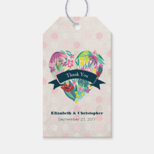Cute Blommigt Heart med Tropical Flowers Bröllop Presentetikett