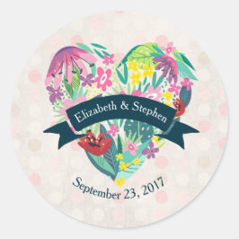 Cute Blommigt Heart med Tropical Flowers Bröllop Runt Klistermärke