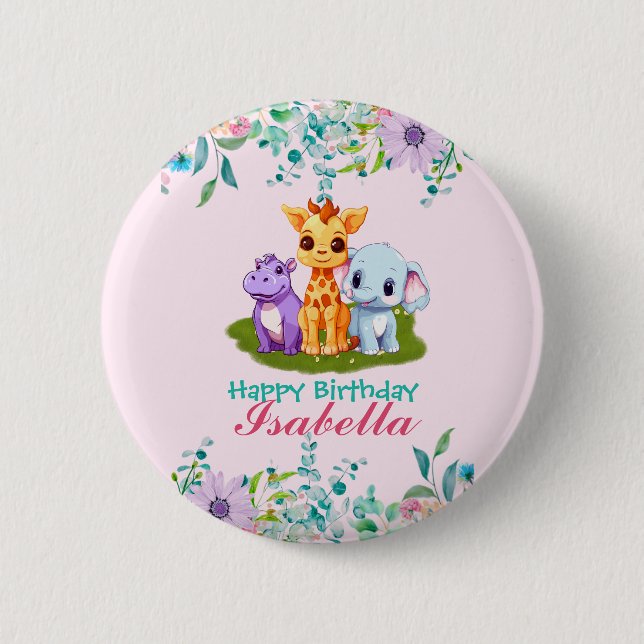 Cute Blommigt Hippo safari djungel Djur födelsedag Knapp (Framsida)