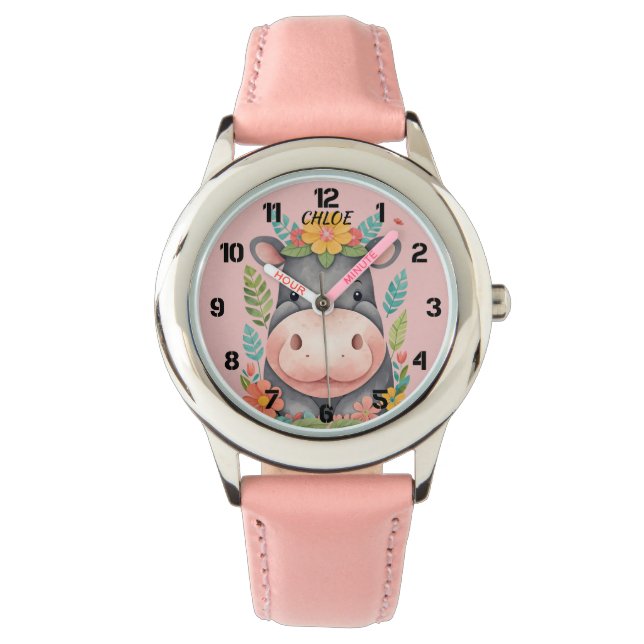 Cute Blommigt Hippopotamus Kids Armbandsur (Framsida)
