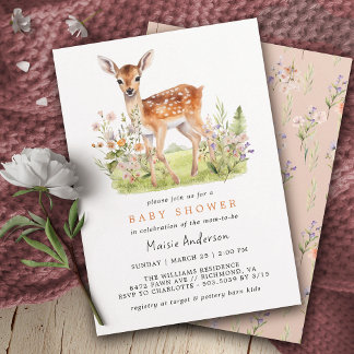Cute Blommigt Hjort Fawn | Airy Vår Baby Shower Inbjudningar