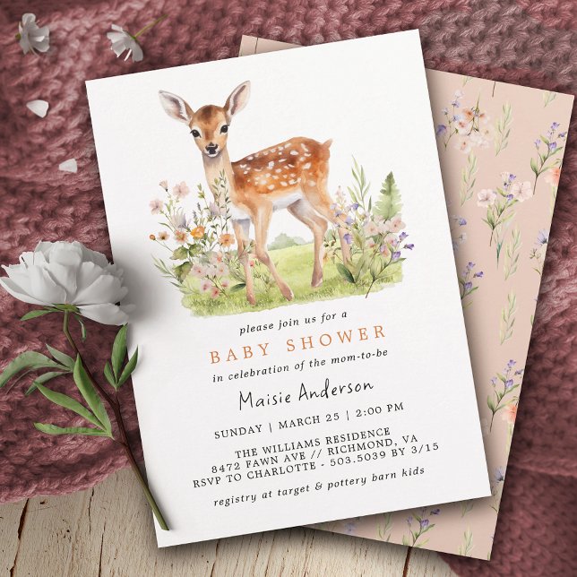 Cute Blommigt Hjort Fawn | Airy Vår Baby Shower Inbjudningar (Skapare uppladdad)