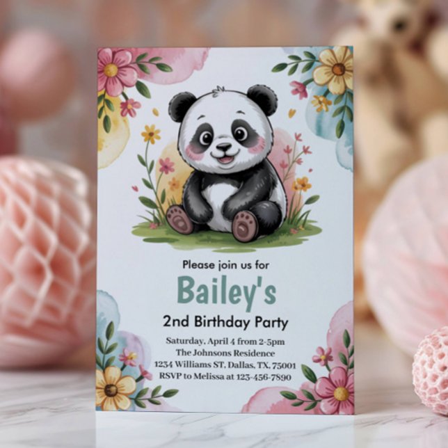 Cute Blommigt Kids Panda 2:a födelsedagen Party Inbjudningar (Skapare uppladdad)
