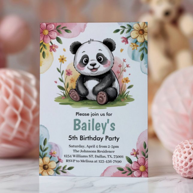 Cute Blommigt Kids Panda 5:e Födelsedagsfesten Inbjudningar (Skapare uppladdad)
