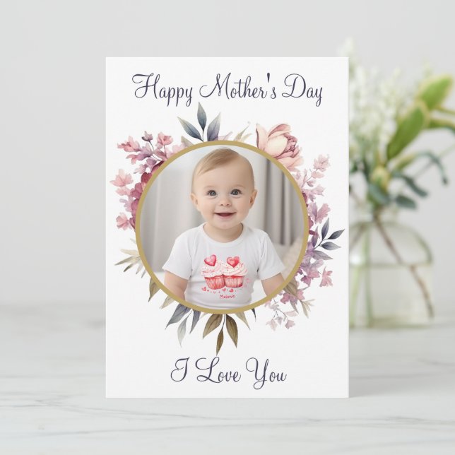 Cute Blommigt Kids Photo Lycklig Mors dag Julkort (Stående Fram)