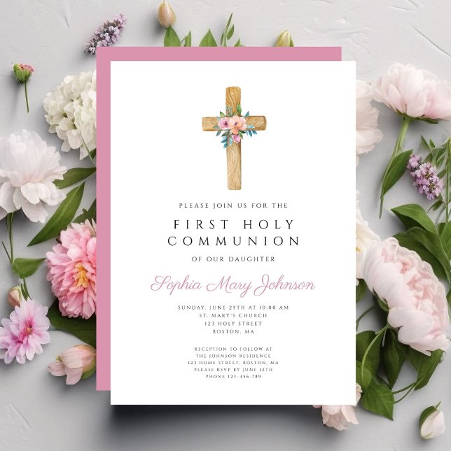Cute Blommigt Kor Girl First Communion Inbjudningar (Cute Floral Cross Girl First Communion Invitation)