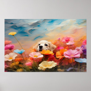 Cute blommigt Labrador hämtar upp valp som kan lad Poster