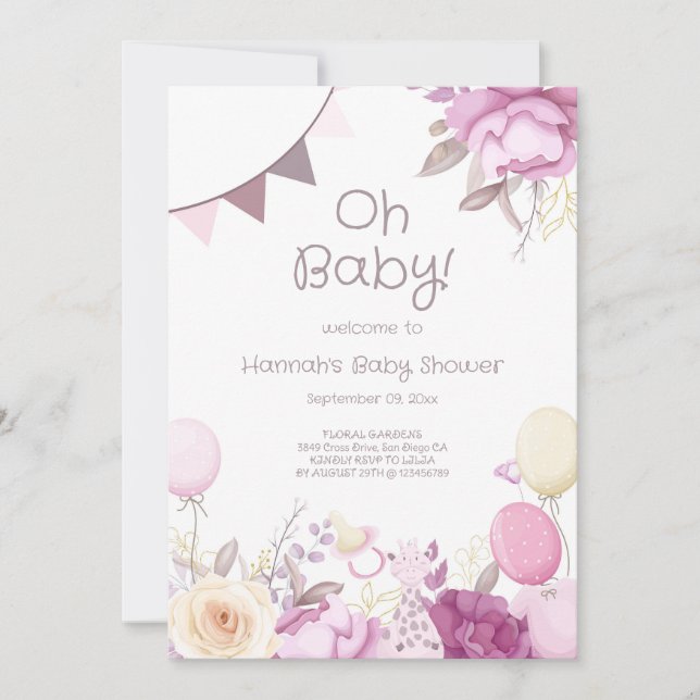 Cute Blommigt Lilac Rosa Girl Baby Shower Inbjudningar (Framsida)
