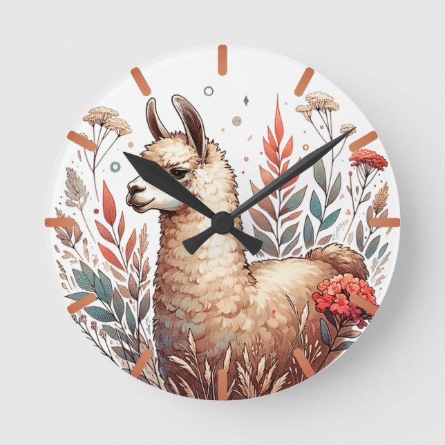 Cute Blommigt Llama Clock Rund Klocka (Framsida)