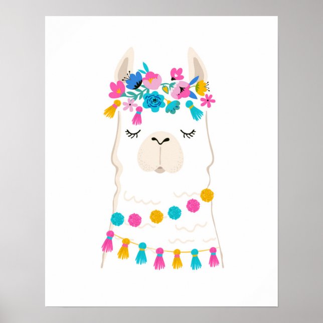 Cute Blommigt Llama Poster (Framsidan)