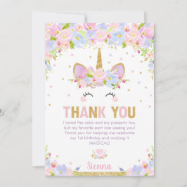 Cute Blommigt Lycklig Unicorn Girl 1:a födelsedage Tack Kort