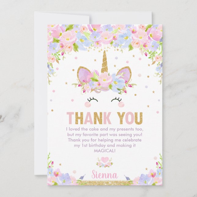 Cute Blommigt Lycklig Unicorn Girl 1:a födelsedage Tack Kort (Framsida)