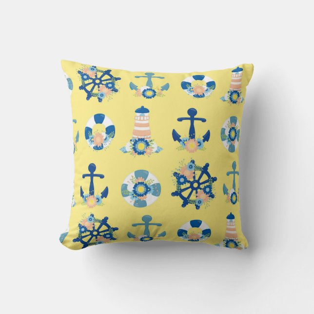 Cute Blommigt Nautical Anchor Lighthouse-Gult Kudde (Framsida)