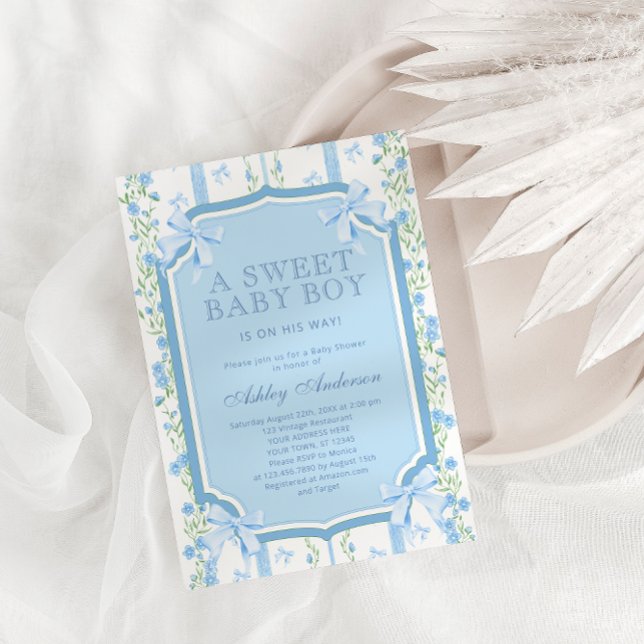 Cute Blommigt och Bow Boy Baby Shower Inbjudningar (Skapare uppladdad)