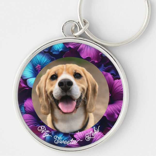 Cute Blommigt Pet-förlustsympati Nyckelkedja Rund Silverfärgad Nyckelring (Framsidan)