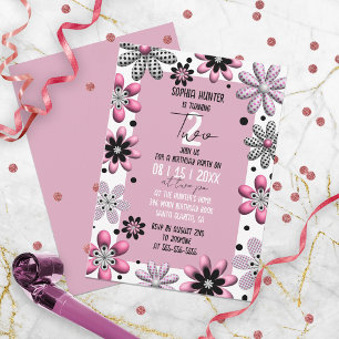 Cute Blommigt Polka Dot Rosa Black 2:a födelsedage Inbjudningar