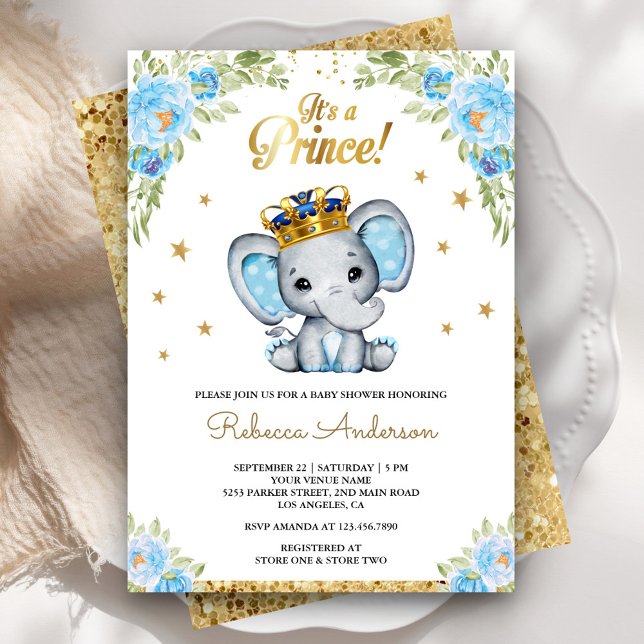 Cute Blommigt Prince Elephant Baby Shower Inbjudningar (Skapare uppladdad)