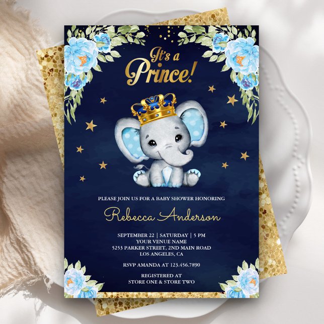 Cute Blommigt Prince Elephant Navy Blue Baby Showe Inbjudningar (Skapare uppladdad)