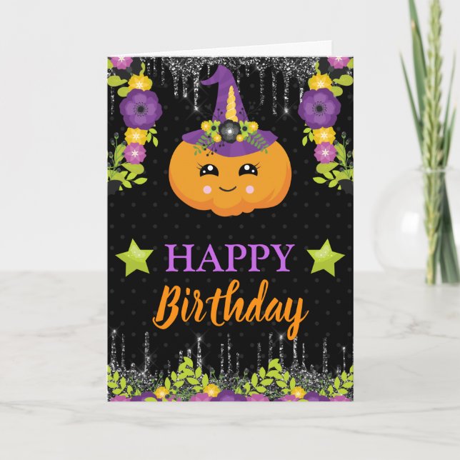 Cute Blommigt Pumpkin Blommigt Halloween Birthday Kort (Framsida)