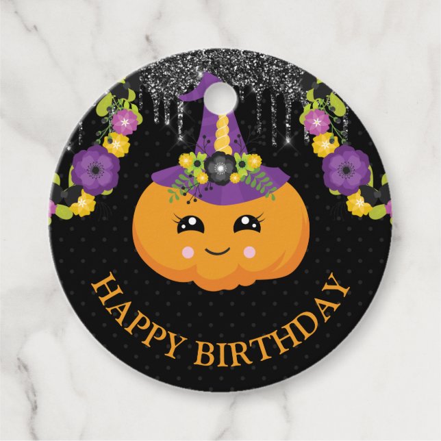 Cute Blommigt Pumpkin och Glitter Halloween Birthd Gåvor Etiketter (Framsida)