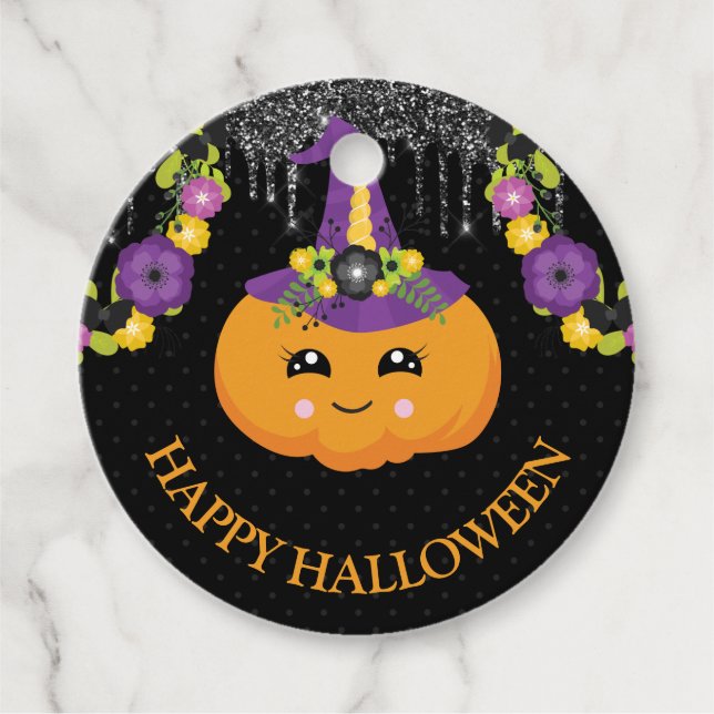 Cute Blommigt Pumpkin och Glitter Halloween Gåvor Etiketter (Framsida)