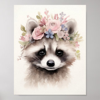 Cute Blommigt Raccoon Poster