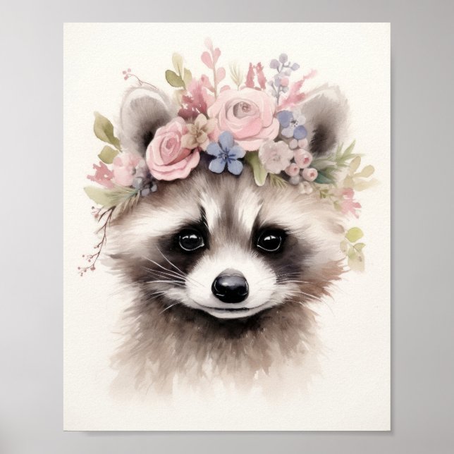 Cute Blommigt Raccoon Poster (Framsidan)