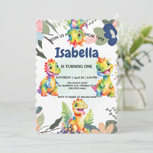 Cute Blommigt Rainbow Dinosaur Grattis på födelsed (Stående Fram)