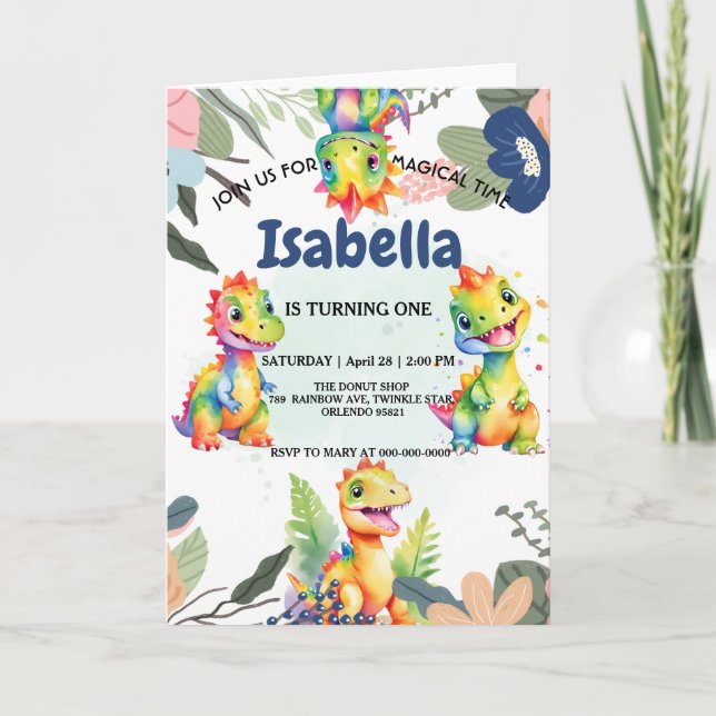 Cute Blommigt Rainbow Dinosaur Grattis på födelsed Inbjudan (Framsida)