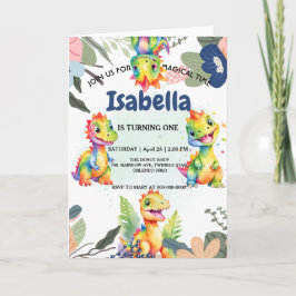 Cute Blommigt Rainbow Dinosaur Grattis på födelsed Inbjudan