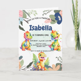Cute Blommigt Rainbow Dinosaur Grattis på födelsed Inbjudan