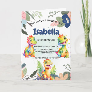 Cute Blommigt Rainbow Dinosaur Grattis på födelsed Inbjudan
