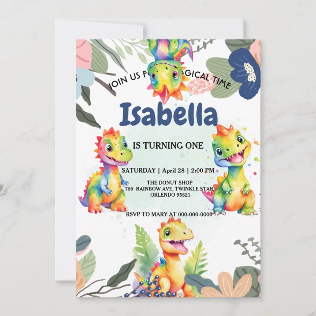 Cute Blommigt Rainbow Dinosaur Grattis på födelsed Inbjudningar (Framsida)