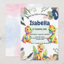 Cute Blommigt Rainbow Dinosaur Grattis på födelsed Inbjudningar