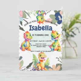 Cute Blommigt Rainbow Dinosaur Grattis på födelsed Tack Kort
