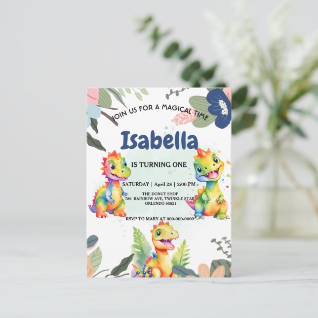 Cute Blommigt Rainbow Dinosaur Grattis på födelsed Vykort (Stående Fram)