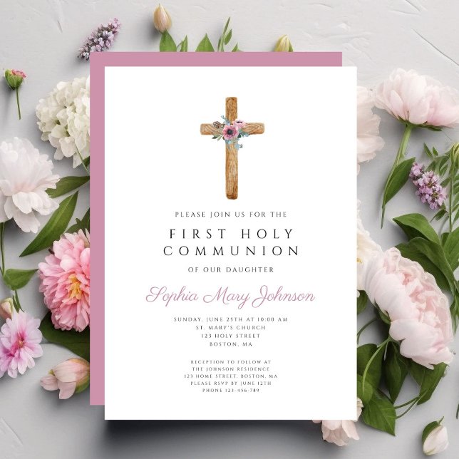 Cute Blommigt Rosa Kor First Communision Inbjudningar (Cute Floral Pink Cross First Communion Invitation)