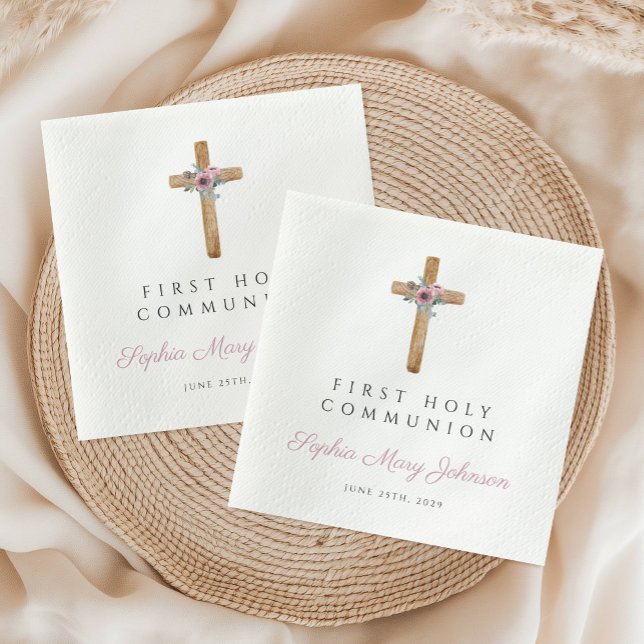 Cute Blommigt Rosa Kor Girl First Communion Pappersservett (Cute Floral Pink Cross Girl First Communion Napkins
)