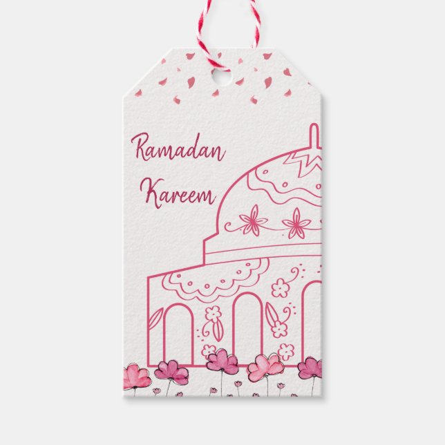Cute Blommigt Rosa Mosque Islamic Ramadan Kareem Presentetikett (Framsidan)