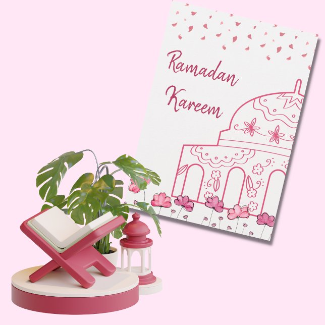 Cute Blommigt Rosa Mosque Islamic Ramadan Mubarak Julkort (Skapare uppladdad)