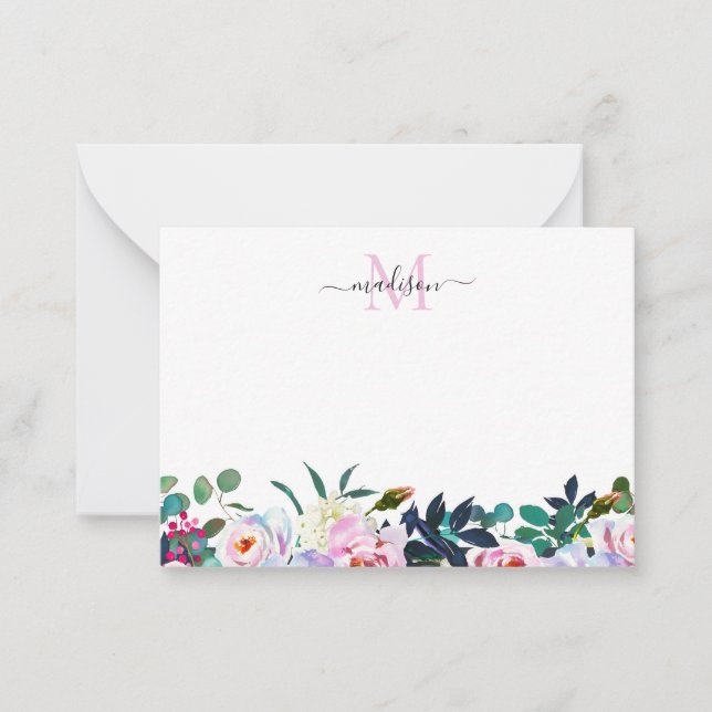 Cute Blommigt  Rosa Peony Botanical Monogram Anteckningskort (Framsida)